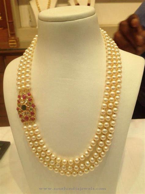 Three Layer Pearl Mala With Ruby Side Locket South India Jewels