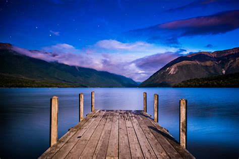 Lake Dock At Night With Stars And Moon Shadow Lake Rotoiti