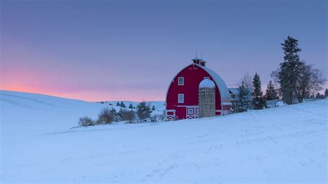 Red Barn Silo Winter Sunset Season Washington Region Art Hills Farm