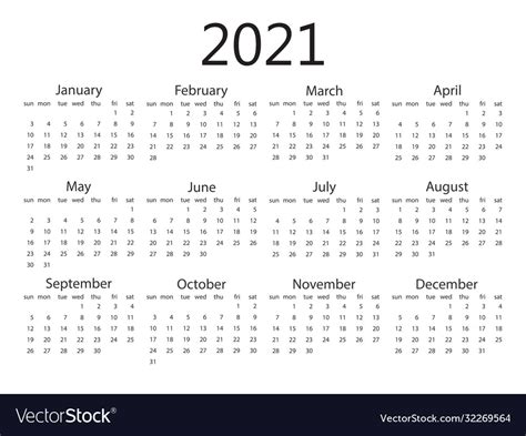 2021 Calendar Week Starts Sunday Royalty Free Vector Image