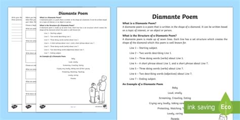 Diamante Poem Writing Template