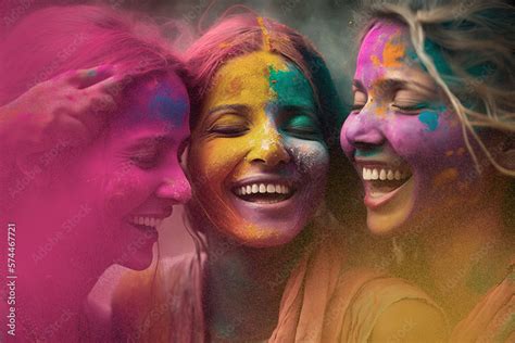Womans Celebrating The Indian Holi Festival Of Colors And Throwing Multicolored Powder In The