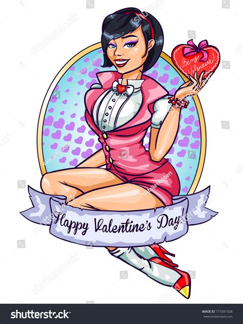 Pretty Pin Up Girl Valentines Day Label With Ribbon Banner And Sample