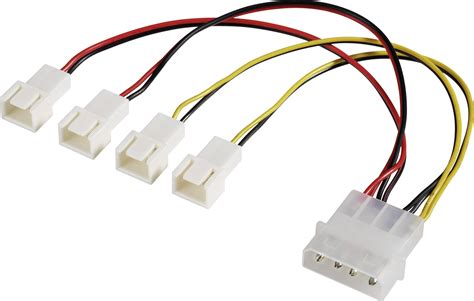 pc fan y cable [4x pc fan plug 3 pin 1x ide power plug 4 pin] 0 15 m black red yellow akasa