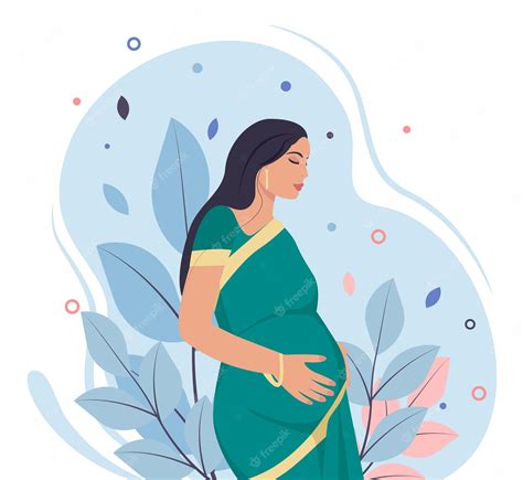 mujer embarazada india feliz en el fondo de la planta ilustración plana vector premium