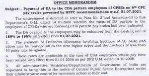 CPSE Th CPC DA From July Th CPC Dearness Allowance To CPSEs Employees DoE