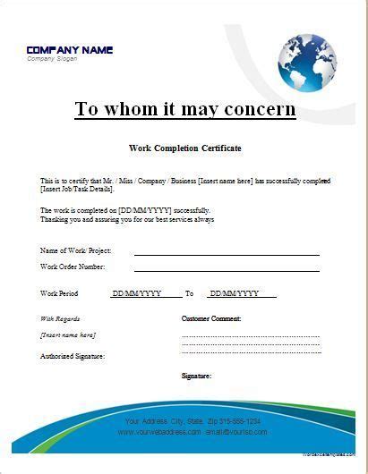 work completion certificate template  ms word