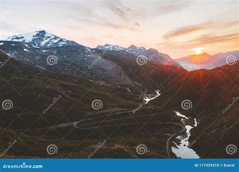 Aerial View Landscape Road In Mountains Norway Sunset Scenery Stock