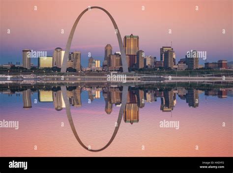 Sunrise Reflection Of The St Louis Skyline Along The Mississippi River