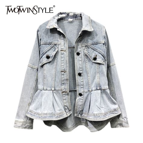 Twotwinstyle Casual Solid Denim Coat For Women Lapel Long Sleeve Patchwork Pockets Straight