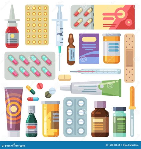 Flat Pills Medicine Cartoon Drugs Tablets And Antibiotics Medication