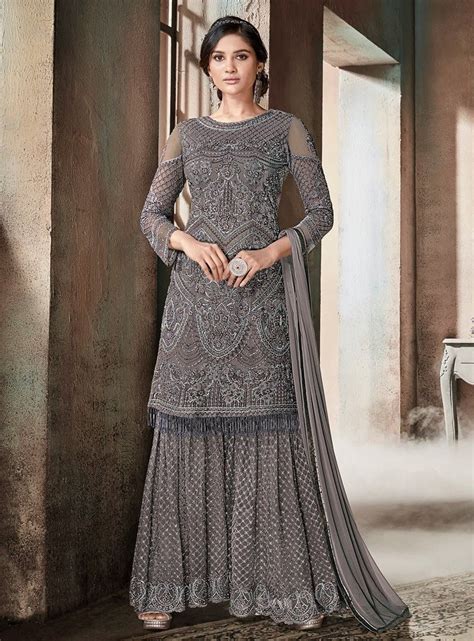 Grey Glam Multi Embroidered Flared Gharara Suit Features Very Intrinsic Designer Embroidery Over