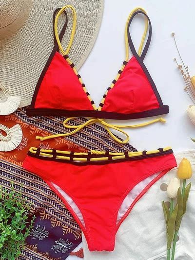 Fb Color Contrast Braided Bands Triangle Halter Brazilian Bikini Hot Sex Picture