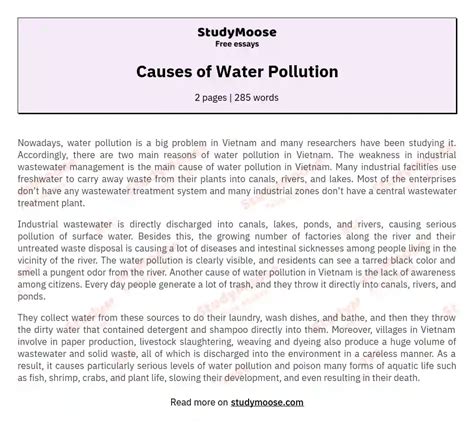 Causes Of Water Pollution Free Essay Example