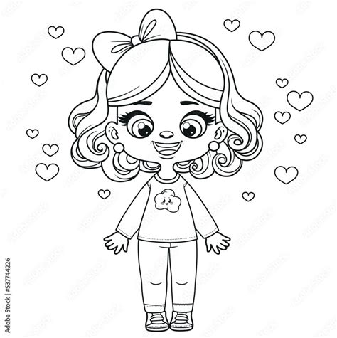 cute cartoon curly haired girl outlined for coloring page on white background stock vector