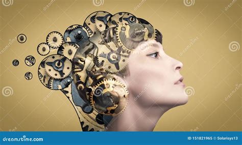 Thinking Businesswoman With Gear Mechanisms On Her Head Stock Image
