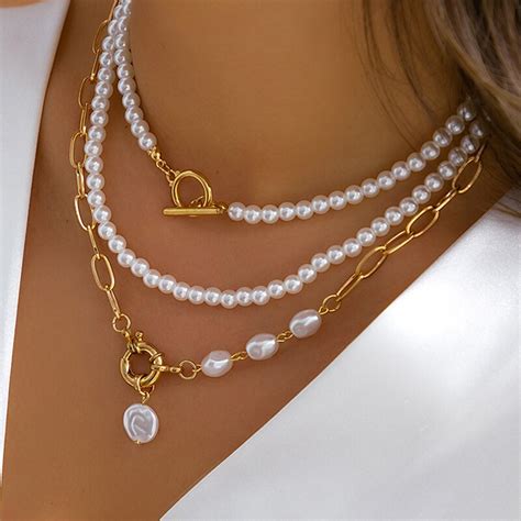 Elegant Pearl Multi Layer Necklace Minimalism Beads Gold Color Choker