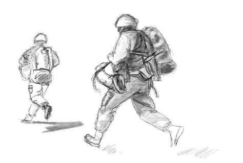 Running Soldiers Drawing Sketch Military Print Digital