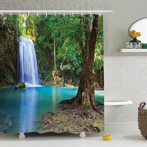 Woodland Decor Shower Curtain Set Waterfall Asia Thailand Jungle Tropic