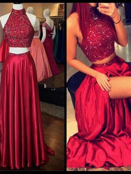Red Two Piece Bead Embellished Bodice Chiffon Prom Dress With Split