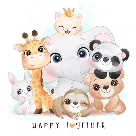 Cute Animals With Watercolor Illustration Baby Animal Drawings Cute