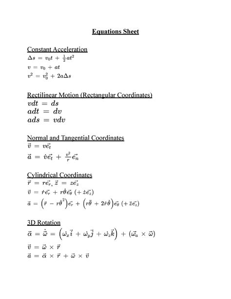 Kinematics Dynamics Exam 1 Equation Sheet Equations Sheet