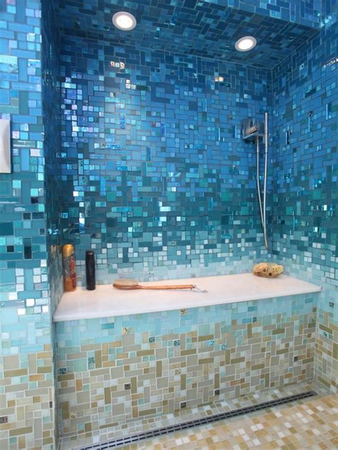 Waterjet mosaics, contemporary styles, lots of color, honed and matte finishes and glass are all tile trends. 40 blue glass bathroom tile ideas and pictures