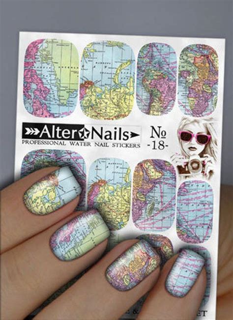 No 18 World Map Nail Water Wraps Art Stickers Decals In 2020 With
