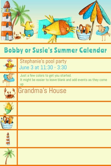 Kids Summer Events Calendar Template Postermywall