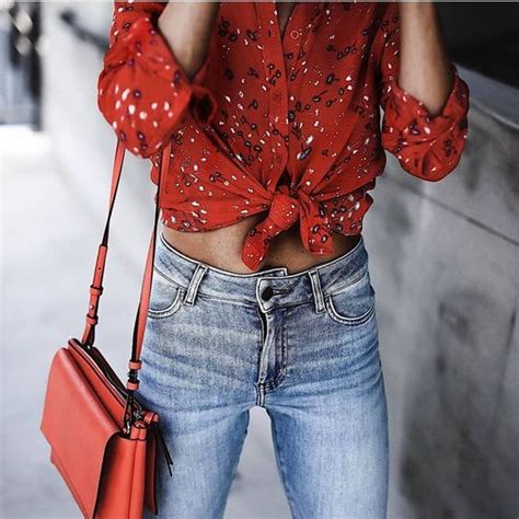 How To Style A Red Bag Red Printed Blouse Perfect Jeans Inspo