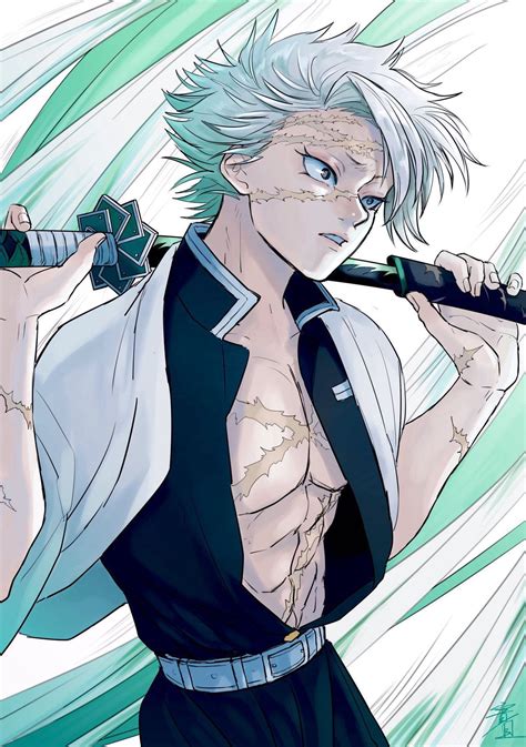 An Anime Character With White Hair And Blue Eyes Holding A Baseball Bat In His Hand