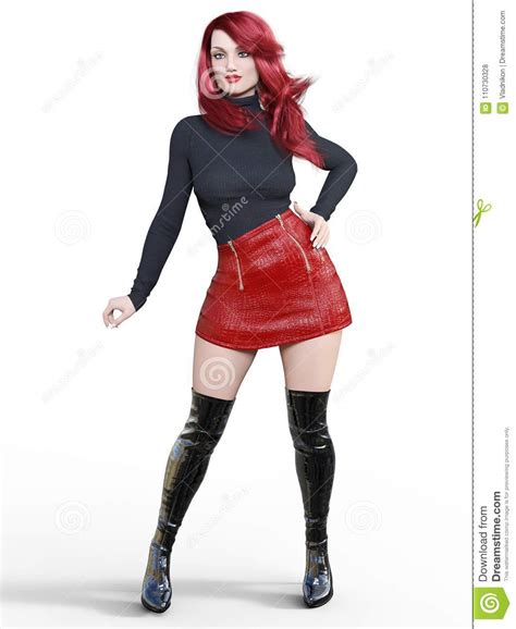 Beautiful Woman In Short Red Leather Skirt And Long Boots