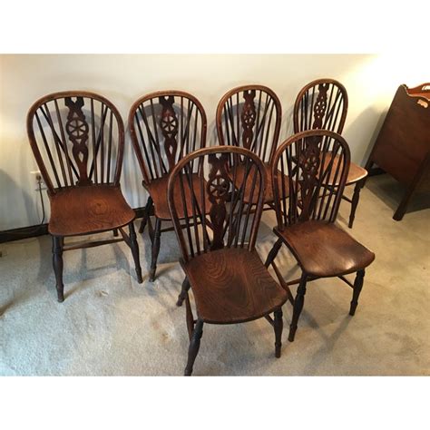 Windsor Oak Dining Room Kitchen Chairs Wagon Wheel Brace Backs Set 6