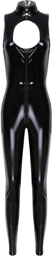 iefiel women s wet look patent leather zipper crotch jumpsuits sleeveless catsuit clubwear black