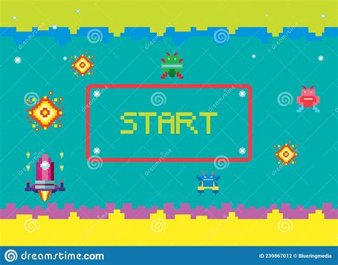 Pixel Space Game Interface With Start Button Stock Vector