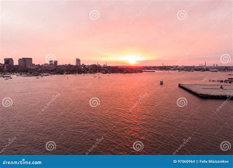 Aerial Image Of A Beautiful Sunset Over Boston Stock Photo Image Of