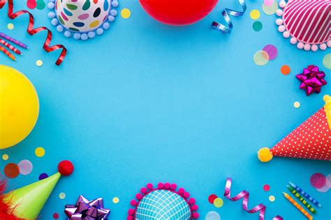 Download a happy birthday image to celebrate your loved one. Birthday party background with party hats and streamers ...