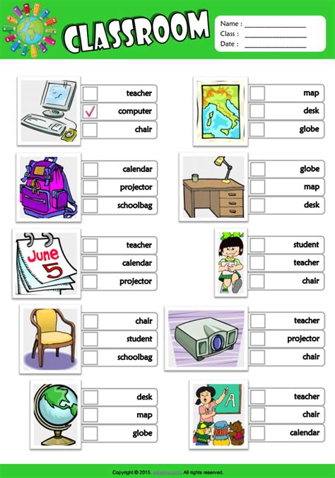 In The Classroom Esl Vocabulary Multiple Choice Worksheet For Kids