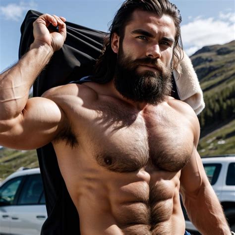 a muscular hairy nordic man shirt less hitching a