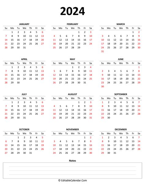 2024 Yearly Calendar Printable Portrait Starts On Sunday With Notes