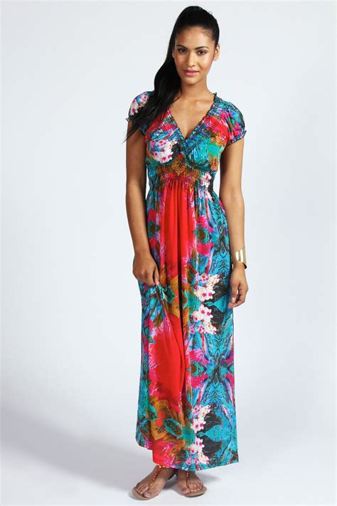 Boohoo Isla Tropical Print Cap Sleeve Maxi Dress Ebay