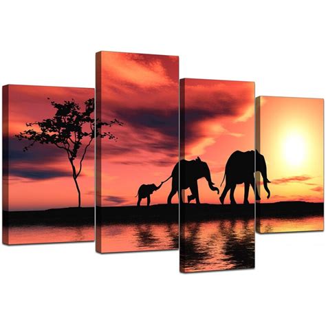 African Sunset Elephants Landscape Canvas Wall Art Print Etsy Uk