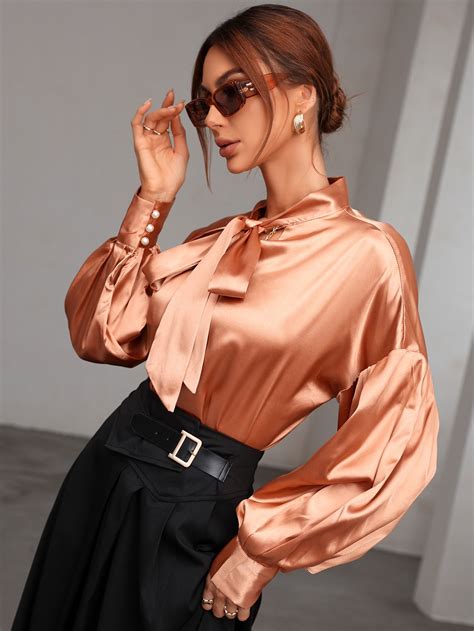 Orange Tie Neck Bishop Sleeve Satin Blouse