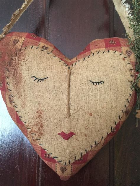 Primitive Valentine Hanging Heart Face Love Embroidery Pillow Etsy