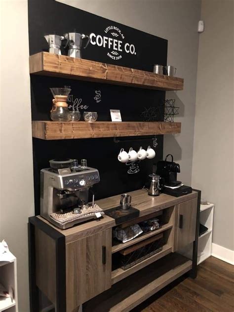 A Coffee Shop With Wooden Shelves And Black Walls
