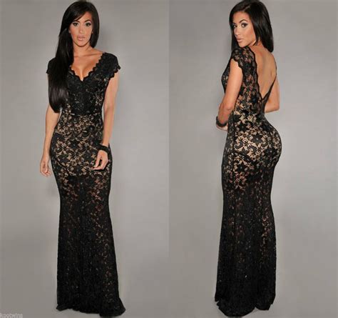 Women LONG BLACK NUDE LACE MAXI DRESS PROM WEDDING EVENING GOWN SIZE6 8