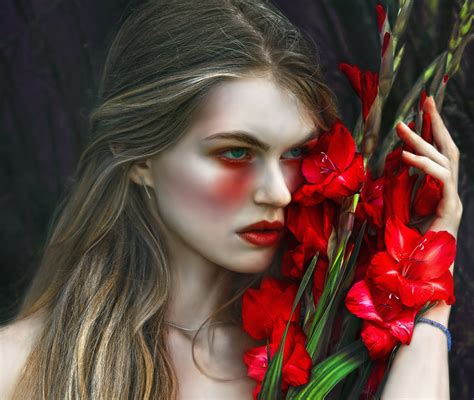 fond d écran femmes maquette portrait fleurs cheveux longs rouge robe mode printemps