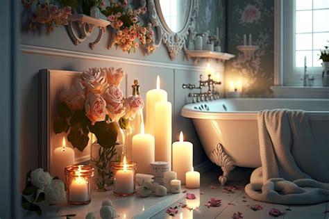 Banho romântico brilhante com velas e rosas no banheiro com velas