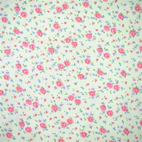 White Pink Floral Print Fabric Tiny Flowers Leaves Blue Green