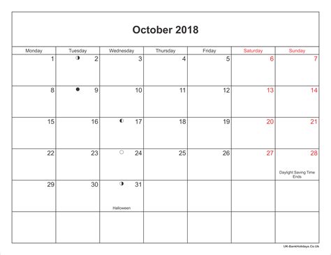October 2018 Calendar Printable With Bank Holidays Uk